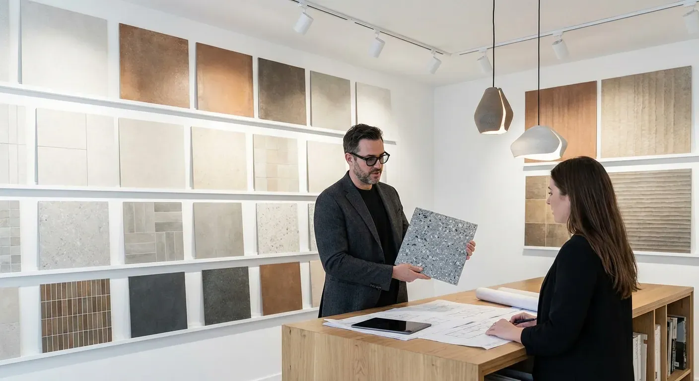 Arquiteta profissional escolhendo amostras de revestimento em showroom moderno
