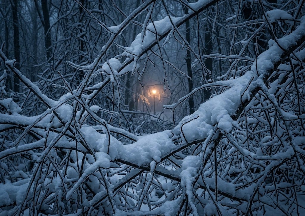 Snow-covered bare branches cross one another in a dense night forest, with a single amber lamp glowing in the fog between them.