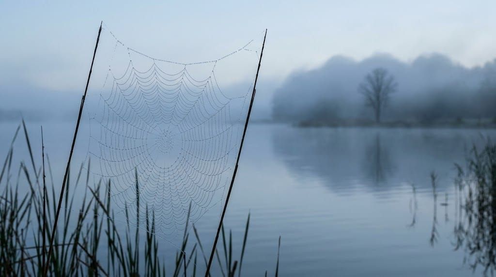 An empty, dew-beaded spider web strung between two tall reed stalks in the foreground, with a calm lake behind it and a bare tree half-hidden in a bank of blue-grey fog on the far shore.