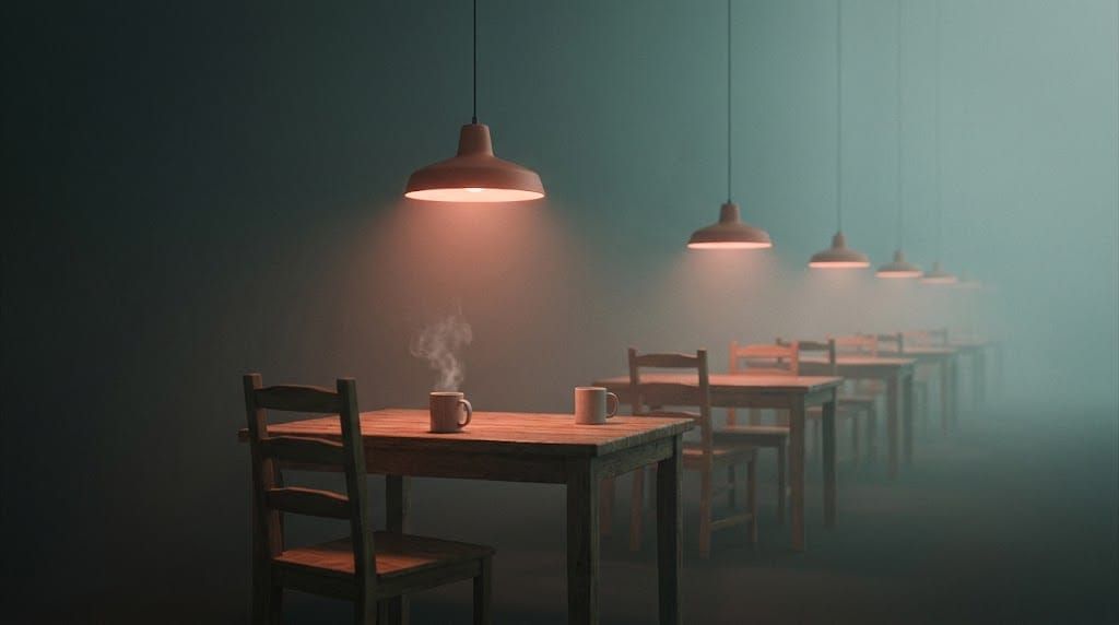 A kitchen table set for two under warm lamplight, with the same table and chairs repeating behind it in a long row that fades into mist.