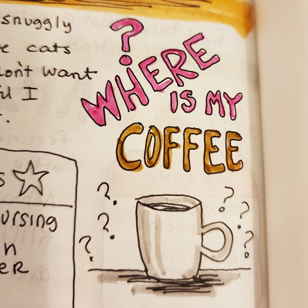 Doodle of a coffee mug with the words "WHERE IS MY COFFEE" and many many question marks.