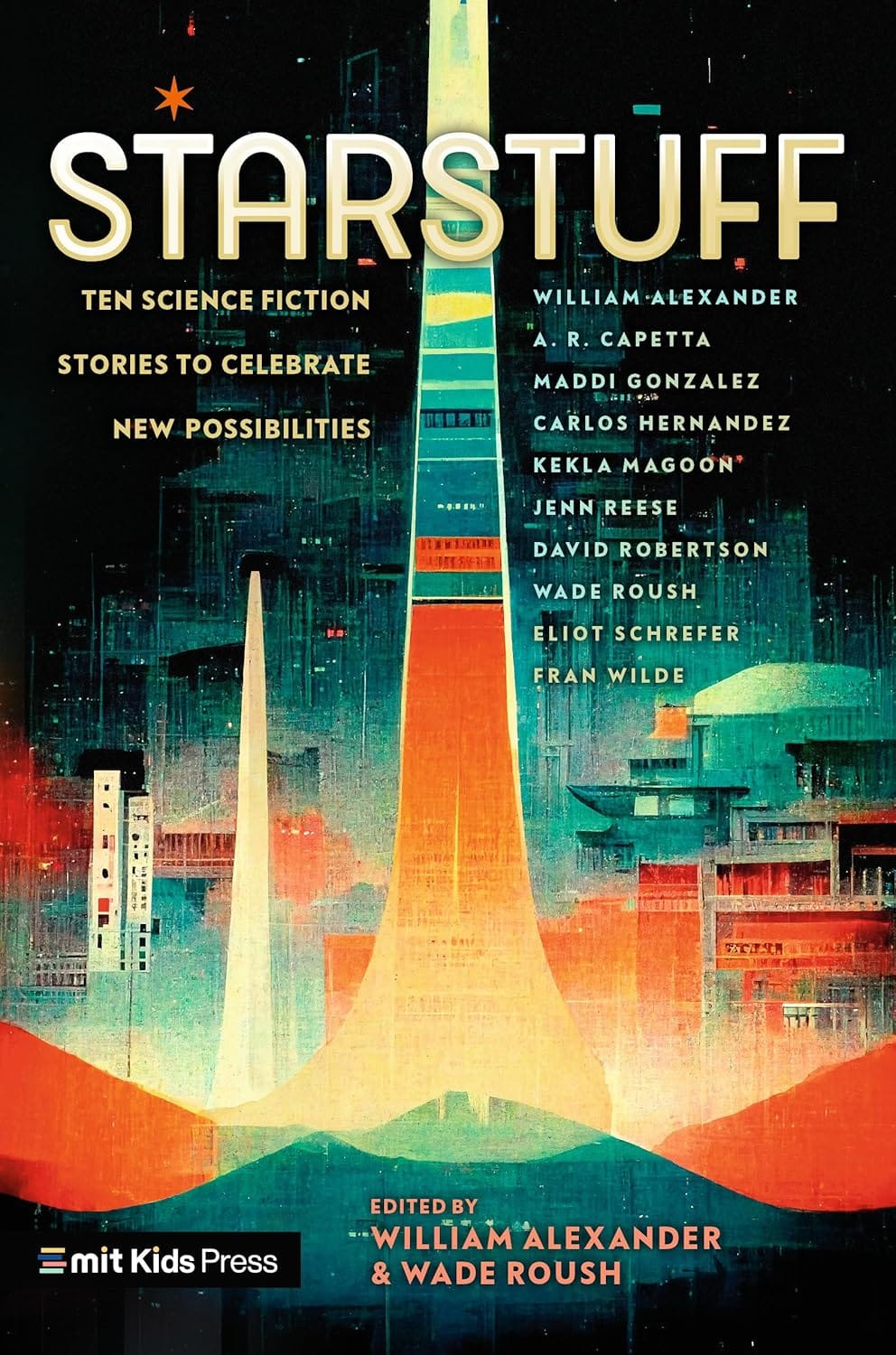 The cover of STARSTUFF, a stylized rocket blasting off in front of a stylized futuristic city.