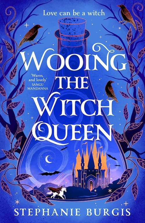 A stylized potion bottle surrounded by leaves and containing a castle and rider on a horse.