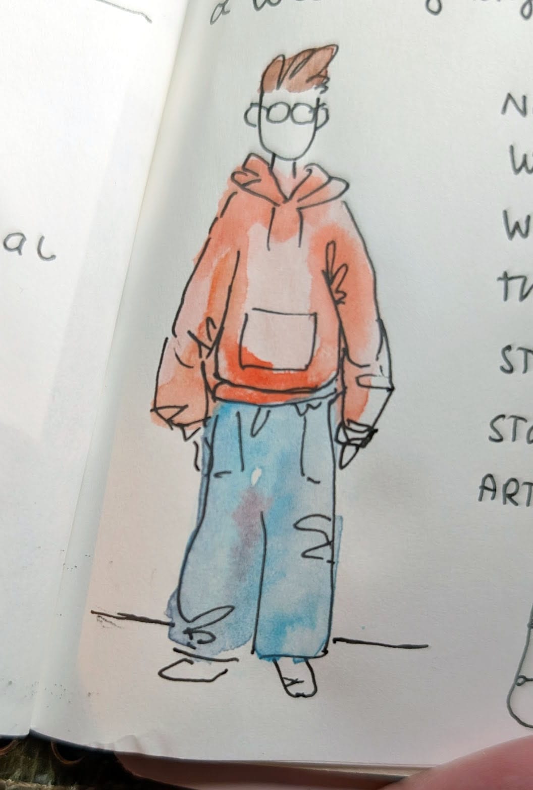 A pen-and-ink doodle of a person (me!) wearing baggie jeans and a hoodie. It's very silly.