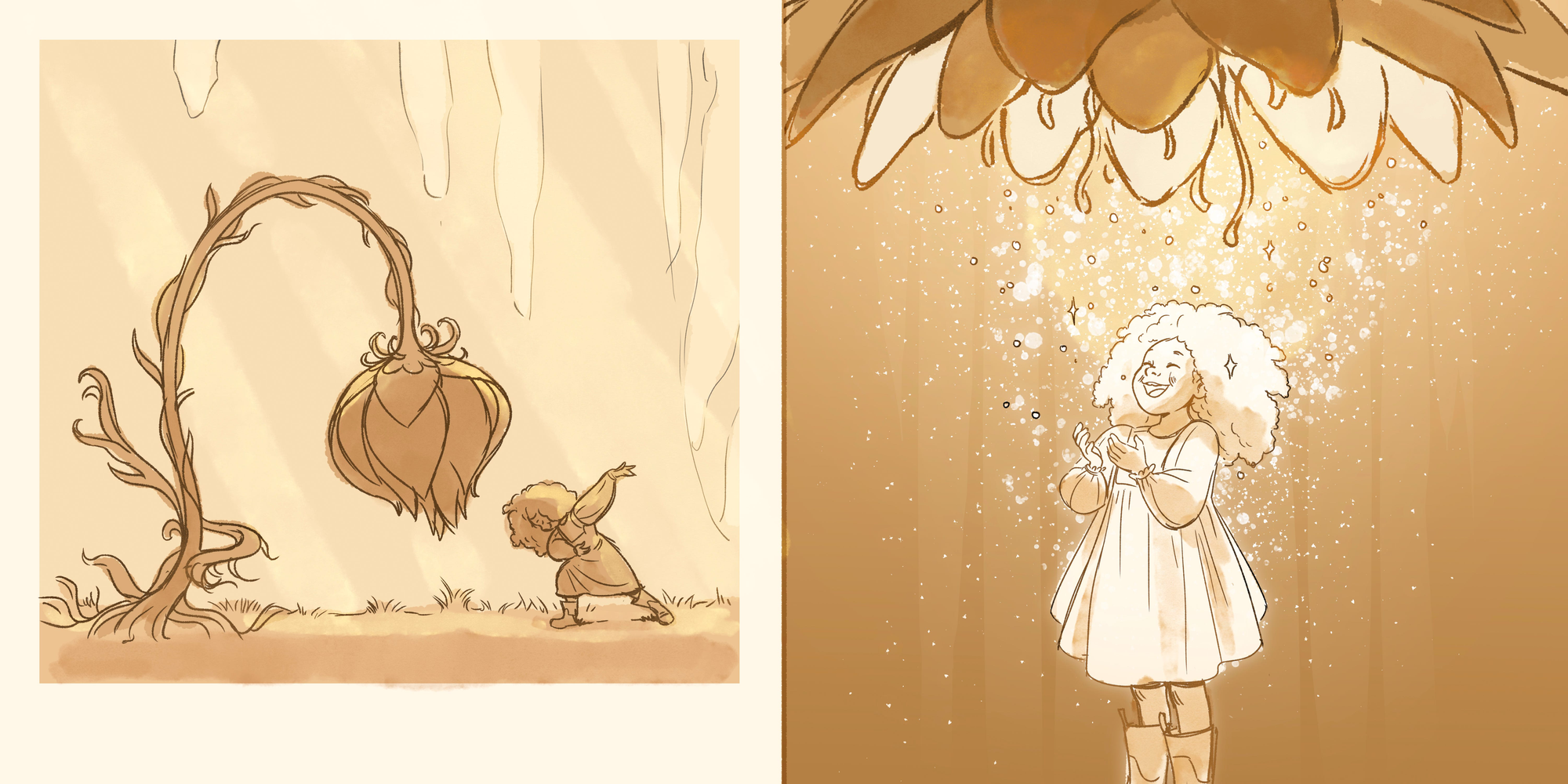 Sketches of a girl bowing to a large flower, and then the flower showering her with sparkles.