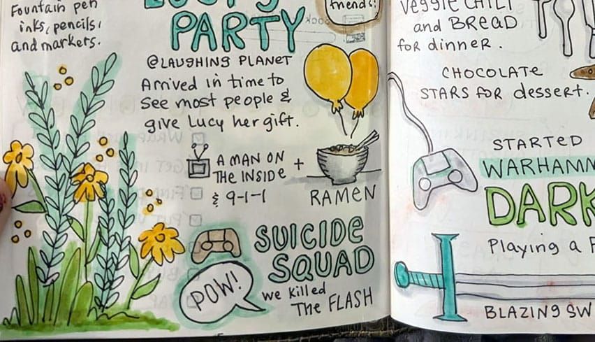 Cropped image of a journal spread featuring doodles and words.