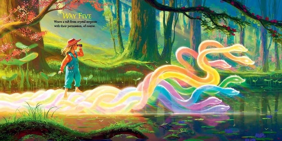 A kid is riding a raft of crystal serpents. As one do