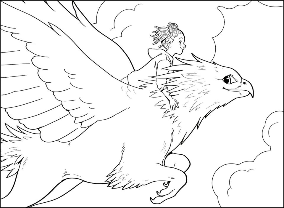 Coloring book outlines: a girl riding a griffin. Both look thrilled.