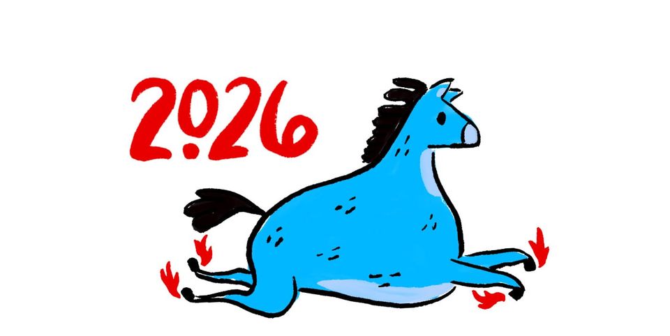 A happy blue horse with fiery hooves leaps into the new year.