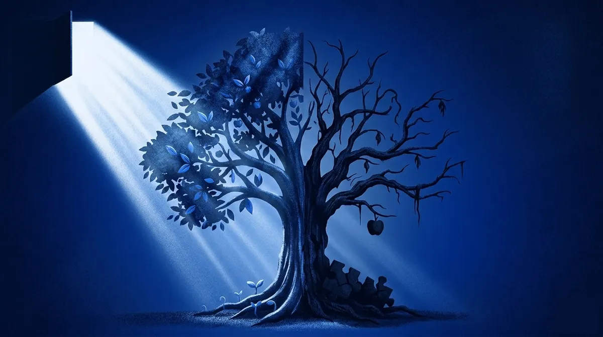 A conceptual illustration of a large tree split in two.