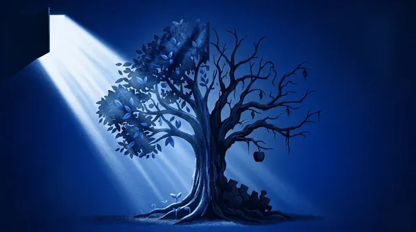 A conceptual illustration of a large tree split in two.