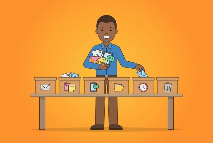 Person vid sorteringsbord med sex märkta lådor i flat vector-stil