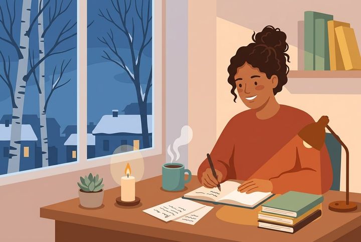 Illustration av person som skriver i anteckningsbok vid skrivbord en vinterkväll, varmt lampljus mot blå skymning utanför fönstret