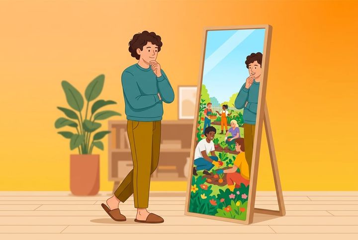 Person som står vänd bakåt och tittar in i en stor spegel i flat vector-stil med orange gradient