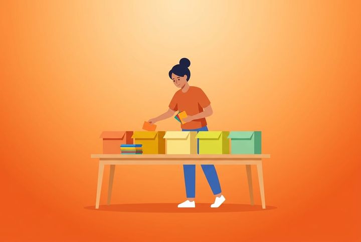 Person som sorterar kort i färgglada lådor i flat vector-stil med orange gradient