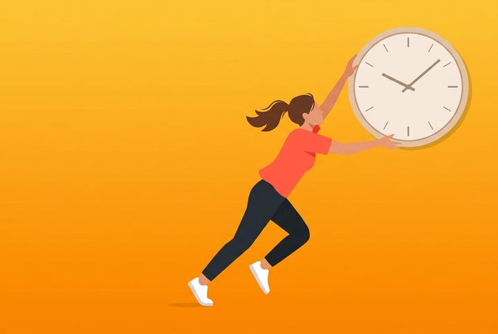 Person vid skrivbord som tittar upp på väggklocka i flat vector-stil med orange gradient