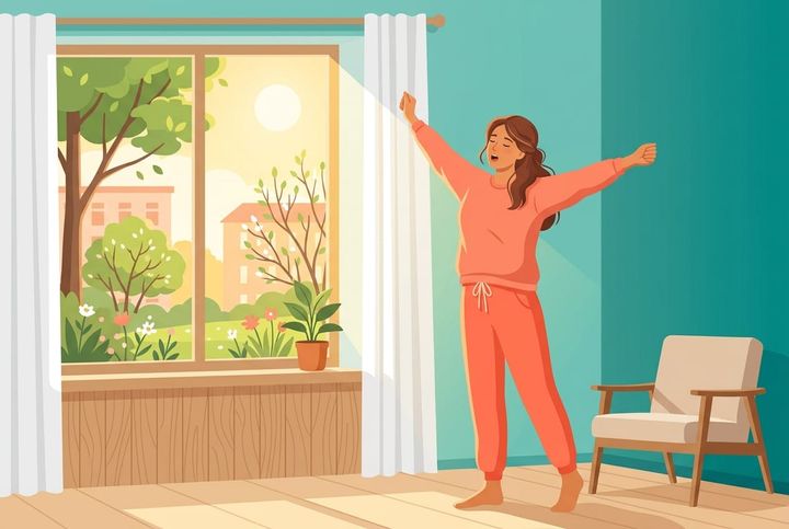 Illustration av person som gäspar och sträcker på sig vid fönster med vårljus i teal-toner