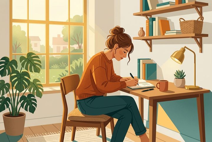 Flat vector-illustration av person som skriver fokuserat vid skrivbord i varmt morgonljus