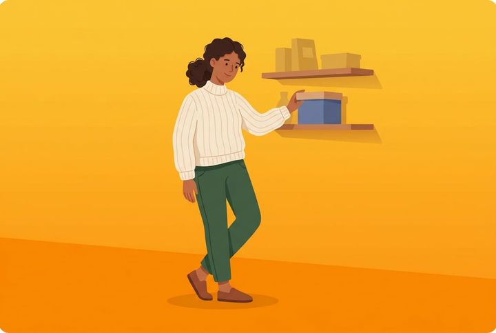 Person som står framför en hylla med varor och ställer lugnt tillbaka en produkt, flat vector-stil med orange gradient