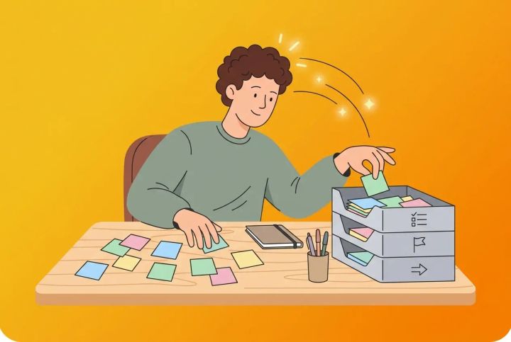 Person vid skrivbord som tömmer huvudet till en inkorg med lappar, flat vector-stil med orange gradient