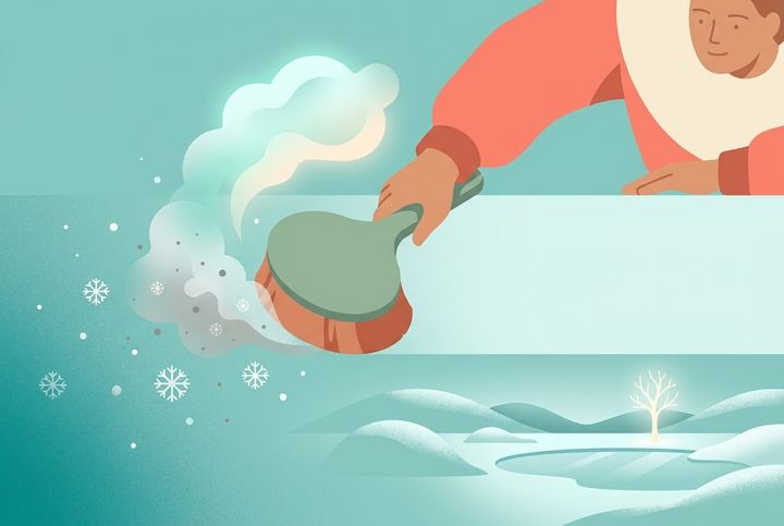 Flat vector-illustration: en hand sopar en yta ren från vinterns damm, ett ensamt lysande träd i bakgrunden, sval skymning