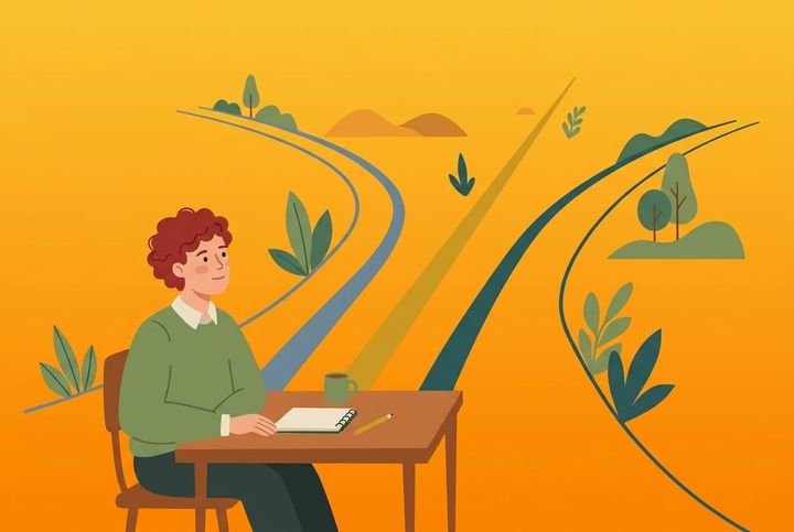 Person vid ett skrivbord med tre vägar som förgrenar sig framåt, flat vector-stil med varm orange gradient
