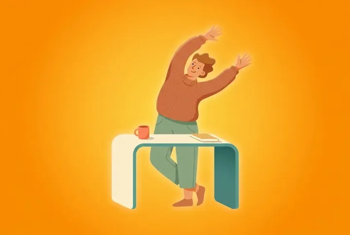Illustration av en person som tar en kort, energisk rörelsepaus vid skrivbordet i varma orange toner