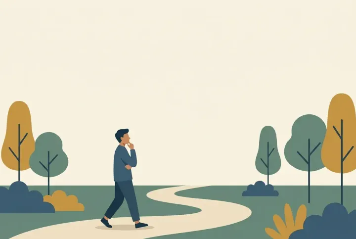 Illustration av en person som promenerar tankfullt längs en grön stig i lugna teal-toner