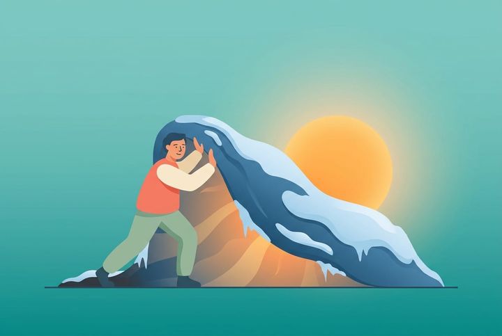 Flat vector-illustration: en person lyfter undan ett tungt mörkblått vintertäcke medan vårsol bryter fram i teal-toner