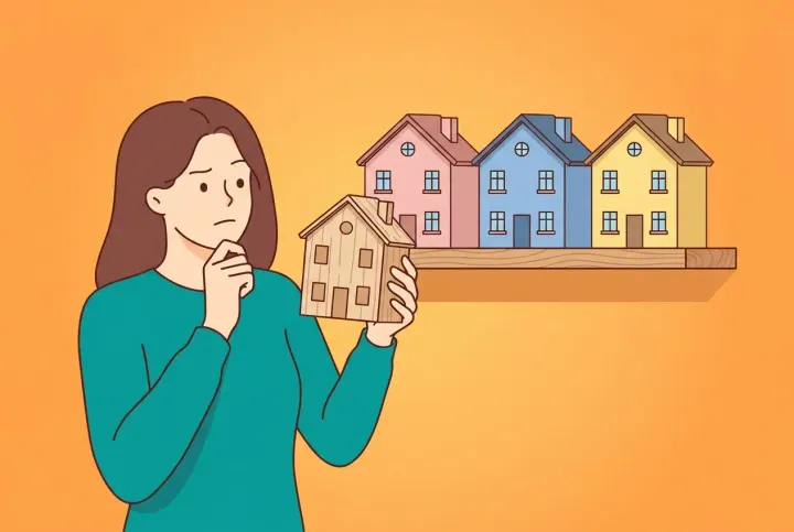 En kvinna i tealfärgad tröja håller en liten trämodell av ett hus och jämför den med tre färdiga modellhus på en hylla, i platt vektorstil mot varm orange bakgrund