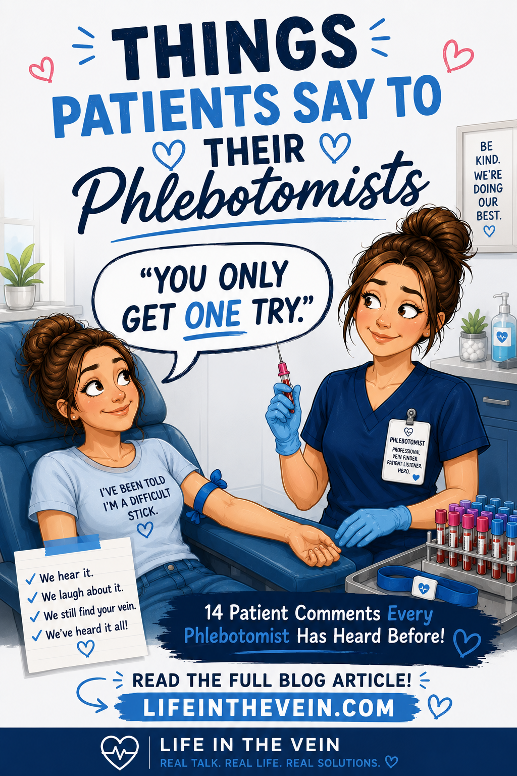 Funny phlebotomy infographic featuring common things patients say to their phlebotomist before a blood draw, including humorous comments that every healthcare worker has heard before.