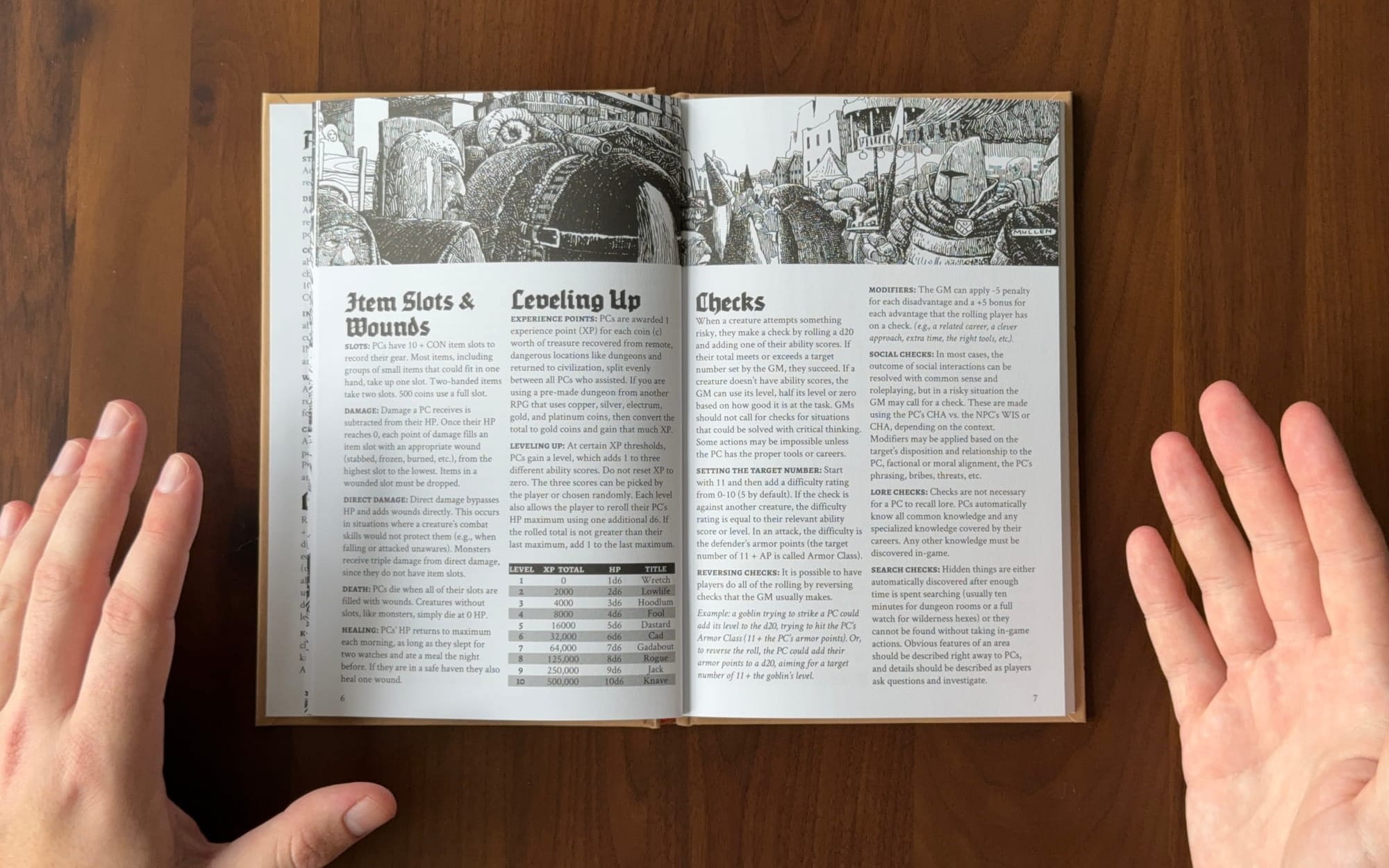 A top-down picture of a Knave 2E spread. It showcases Peter Mullen's art along with the game's rules.