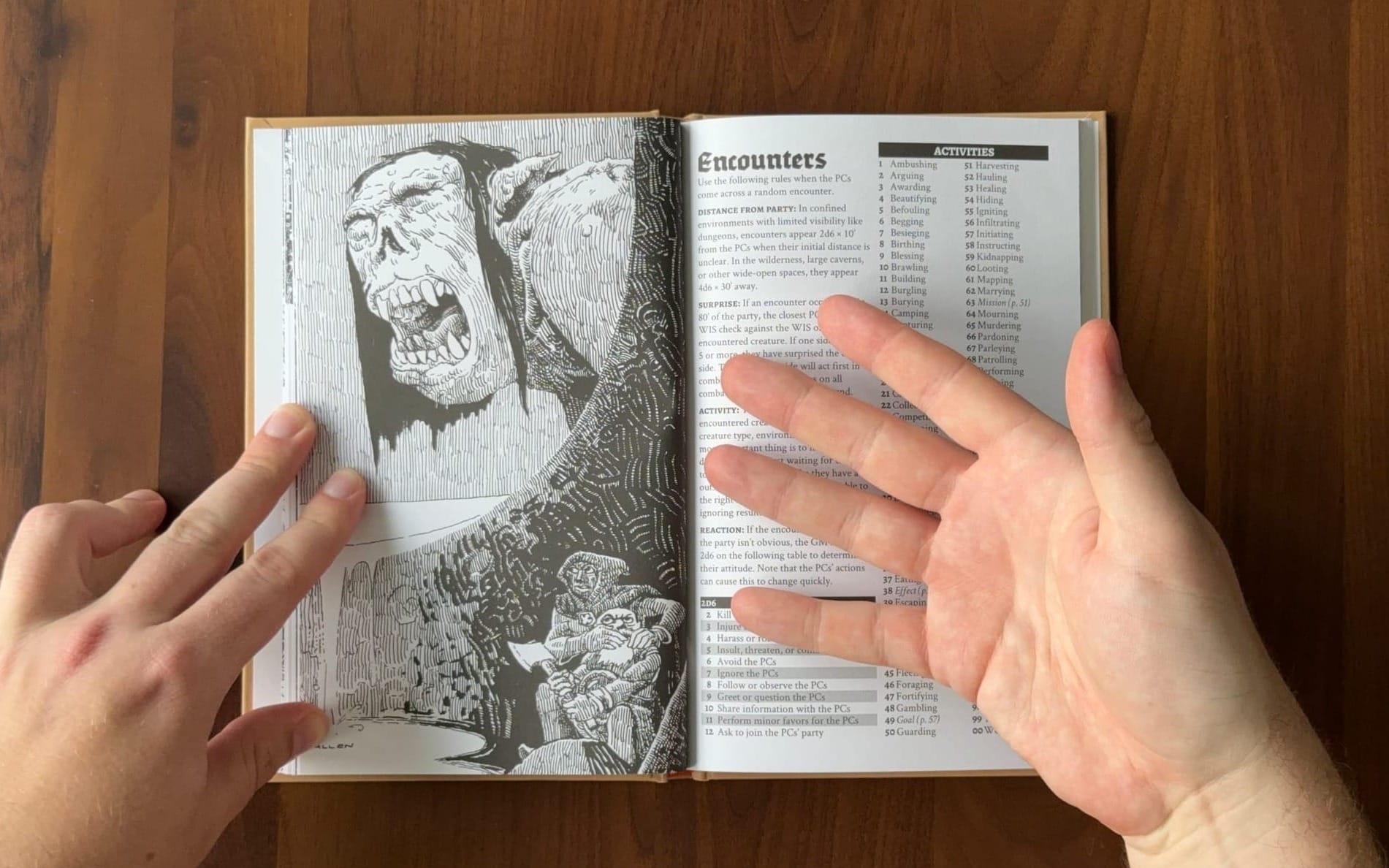 A top-down image of a Knave 2E spread with a full-page illustration of adventurers hiding from a giant.