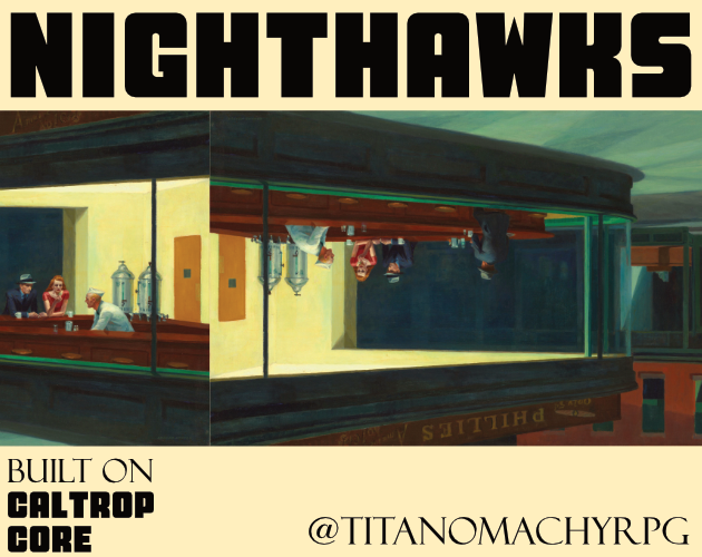 The painting Nighthawks turned upside down with bold letters above saying Nighthawks.