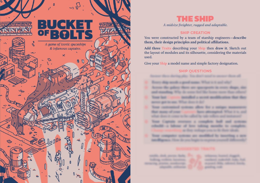 The opening spread from Bucket of Bolts. Full art and title is on the left. An intro on the right.