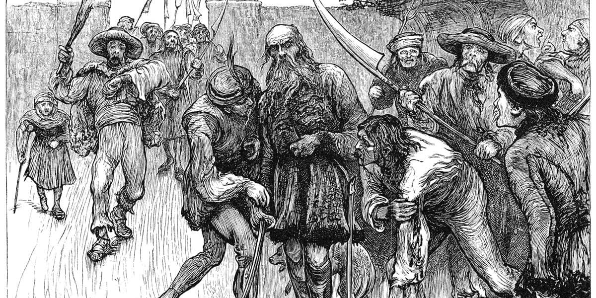 A man bleeds as another's face drips with blood. Illustrated in woodcut.