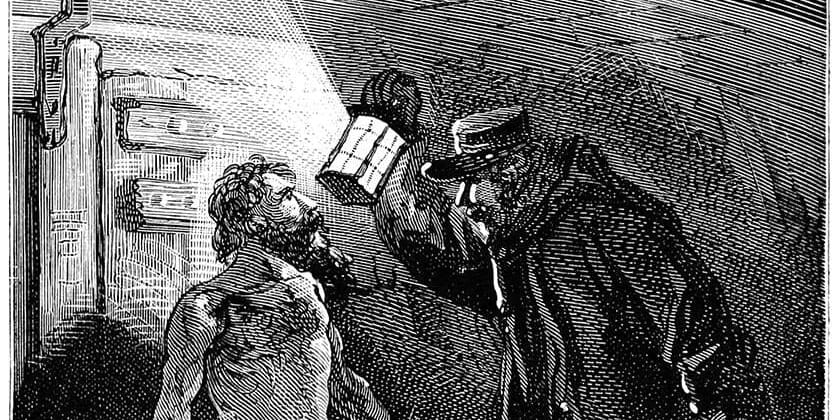 A man with a lantern questioning a sailor in a old fashioned woodcut illustration.