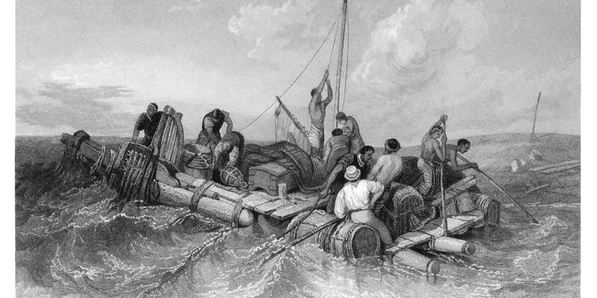 Seamen scramble to stay afloat while bobbing like a cork on flotsom-strewn waves. 