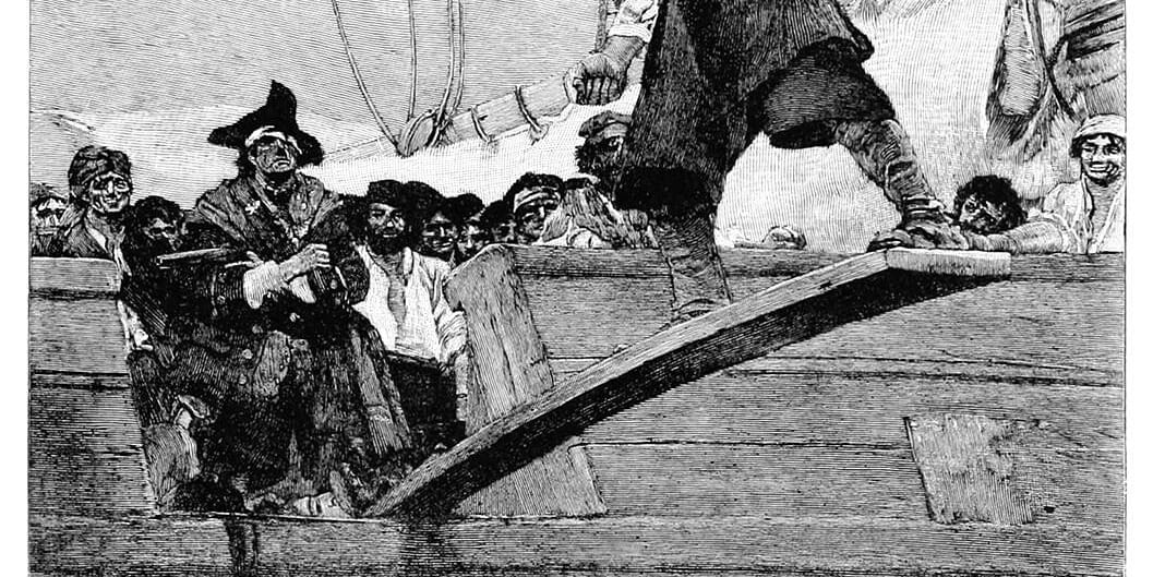 Navy men look on as they condemn a man to death by exile on The Plank.