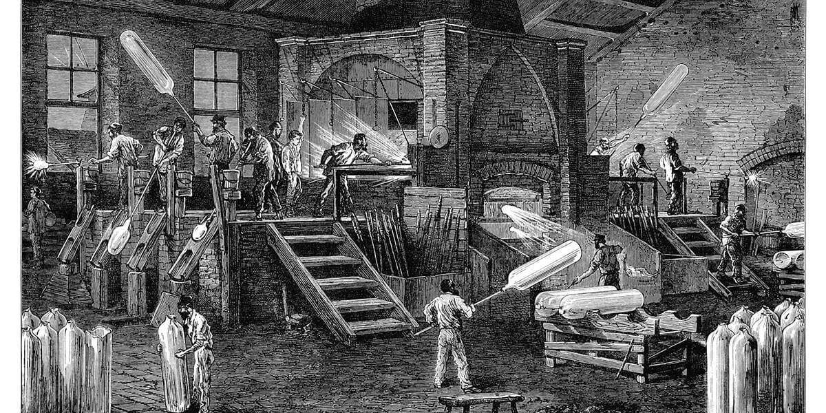 Artisan craftsmen work among massive bellows and forges to produce delicate glass marvels.