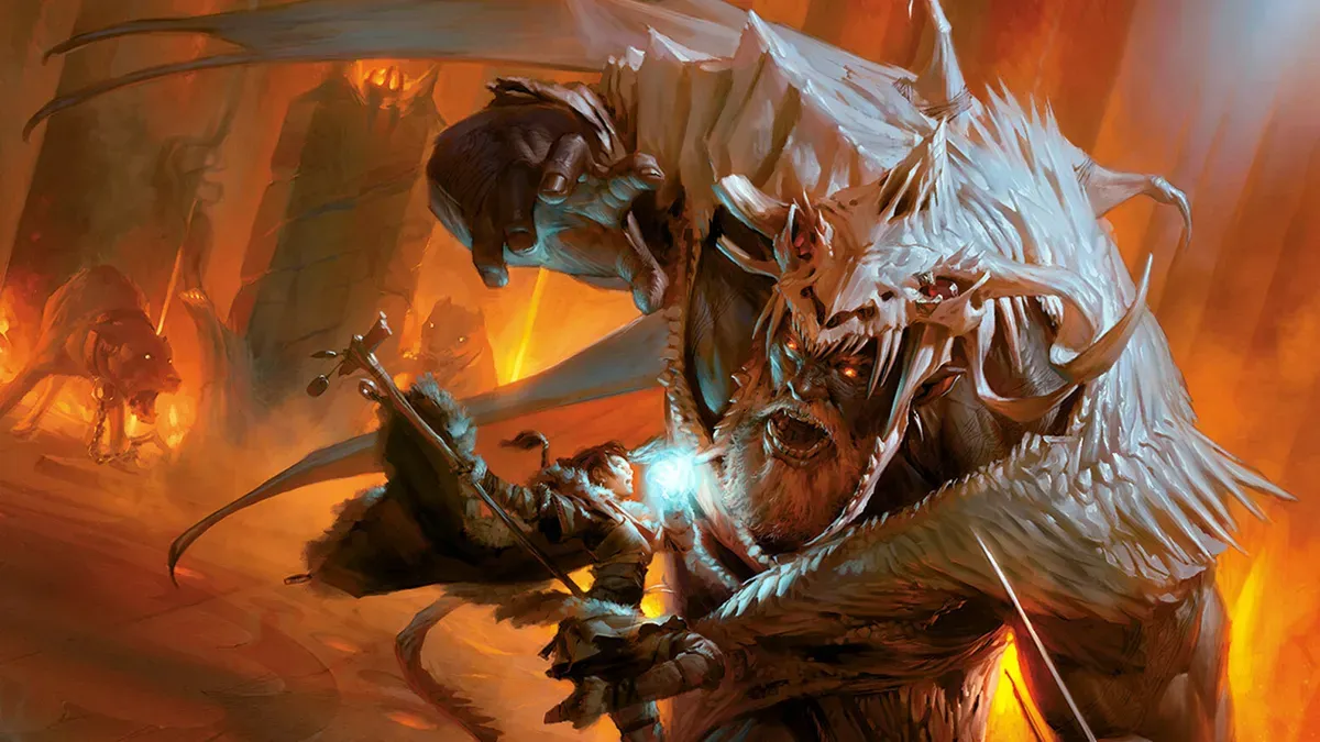 A D&D wizard fights a fire giant.