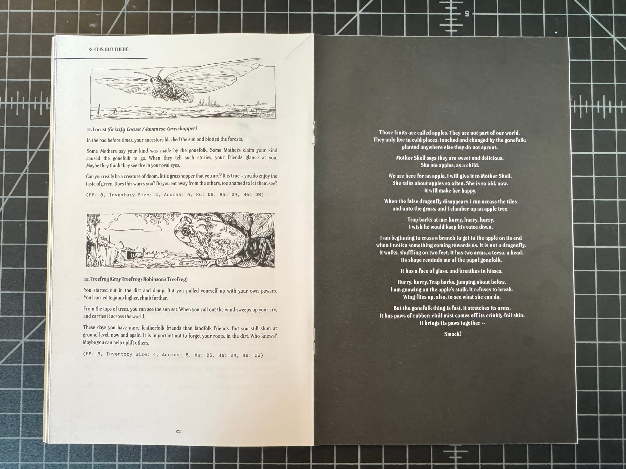 A two-page spread of the RPG In the Light of a Faded World.