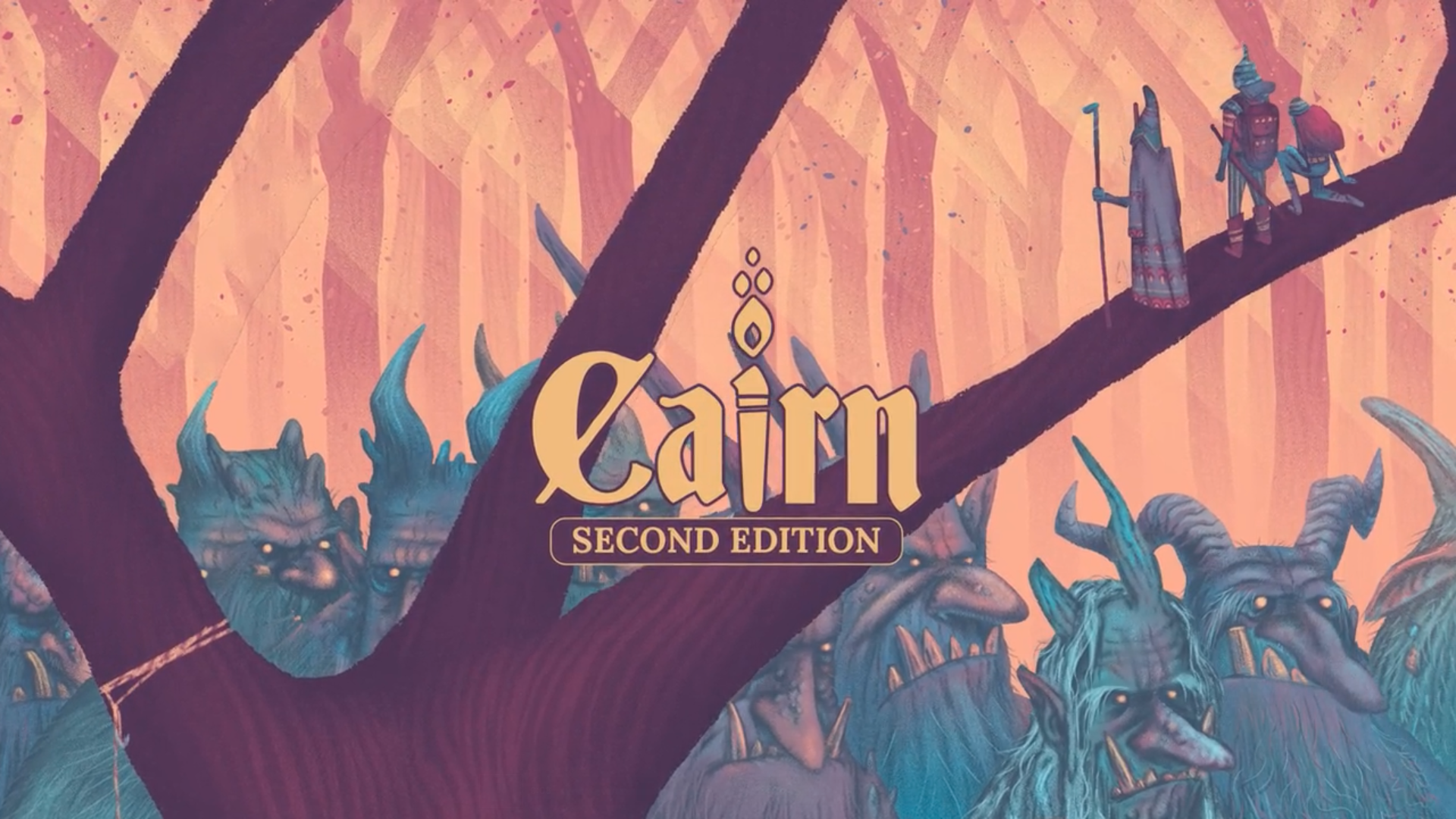 Cairn 2E title on art depicting adventurers in a tree overlooking massive troll-like giants.