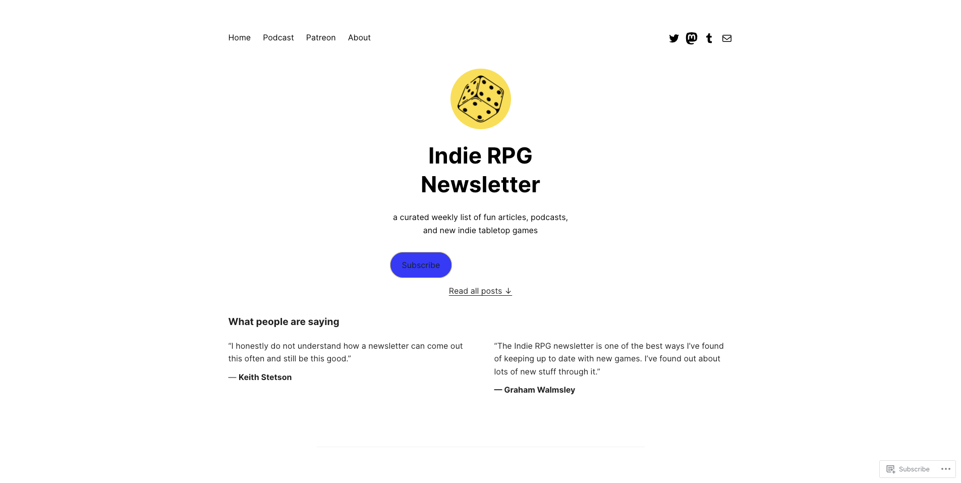 Screenshot of Indie RPG Newsletter webpage