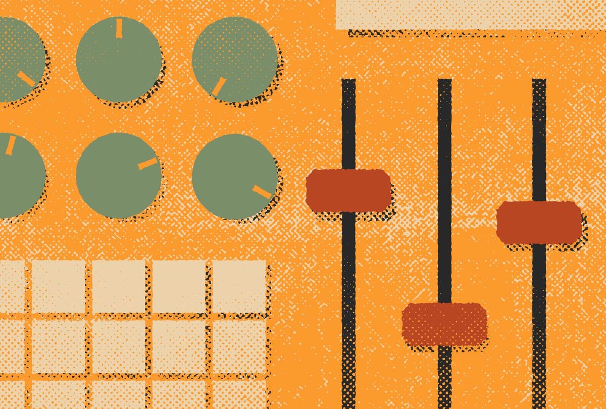 A control panel with dials, buttons, and faders. It's meant to represent the controls behind a design.