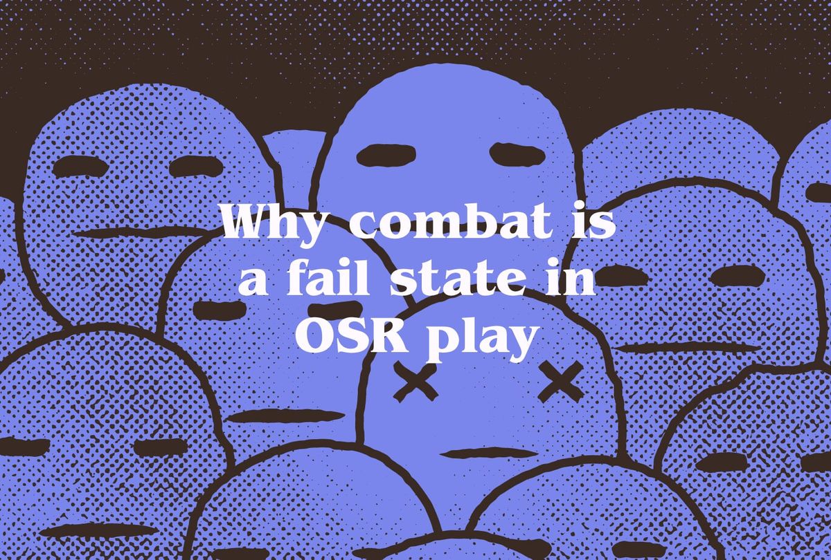 A bunch of cartoonish heads on a dark background. One is dead. The title reads, "Why combat is a fail state in osr play."