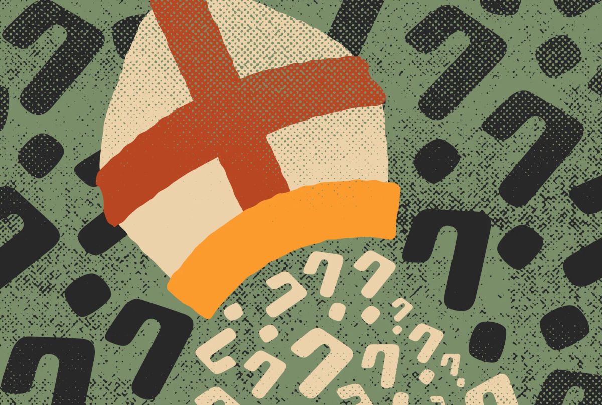 A mitre hat, the kind you might see on a bishop or modern pope, with a bunch of question marks spilling out of it.