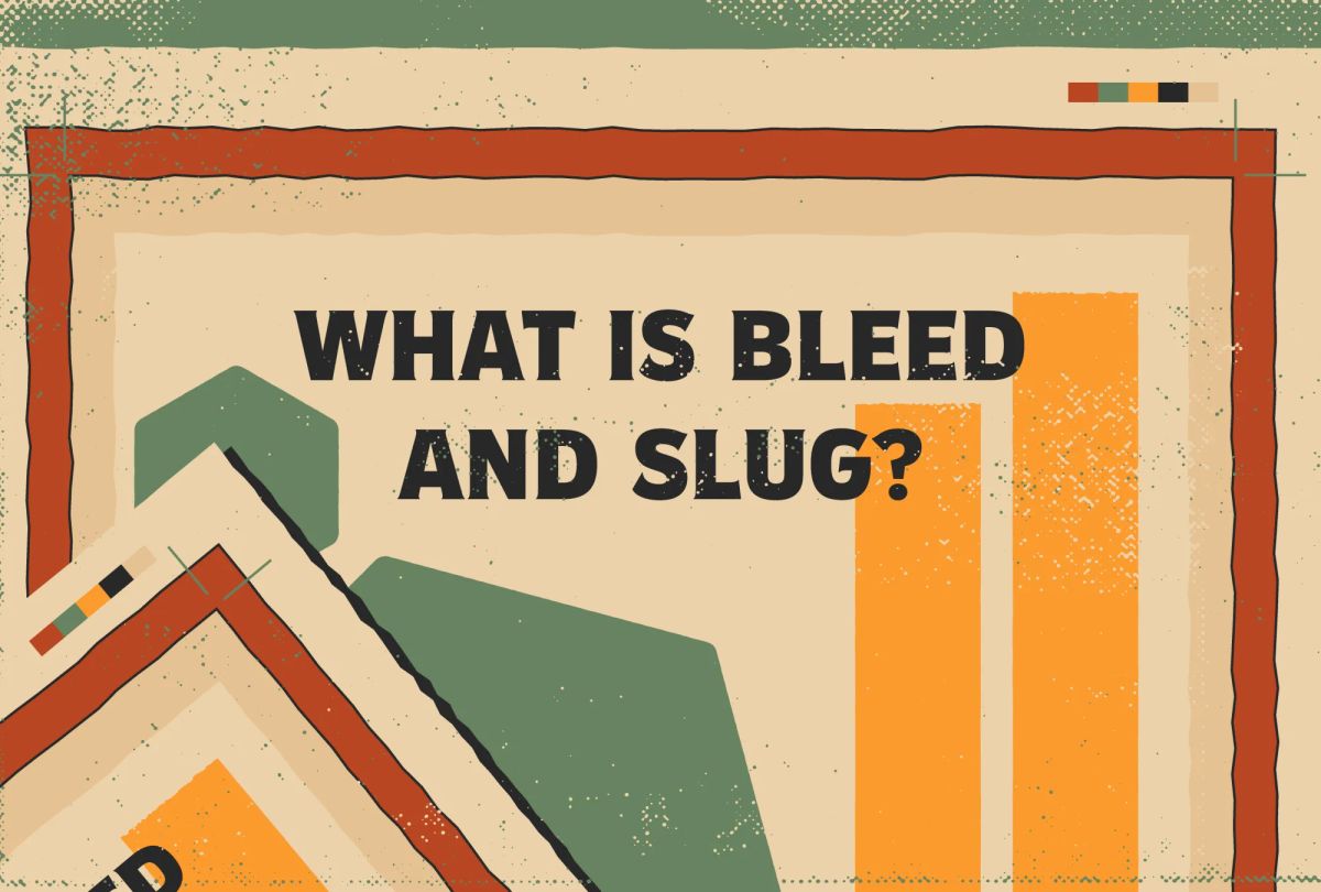A paper on a green background with the title "What is bleed and slug?"