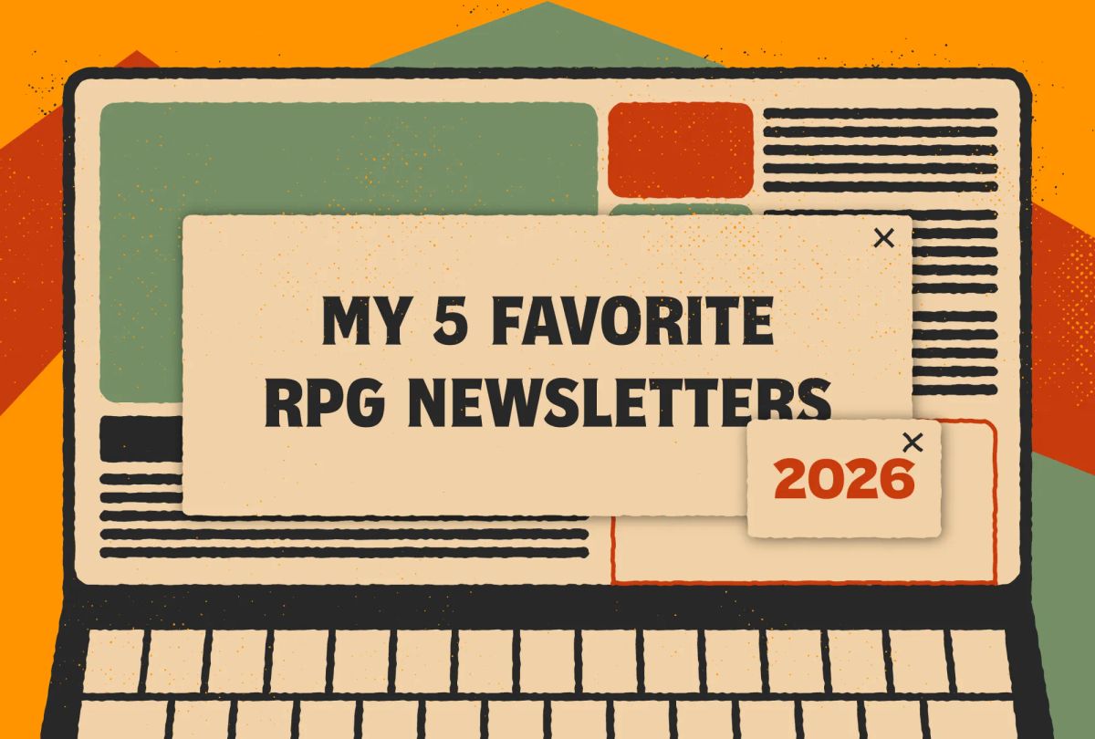 A laptop screen with the title, "My 5 favorite rpg newsletters of 2026."