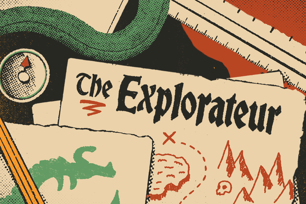 A black table with maps, sketches, pencils, a compass, and more piled on top.